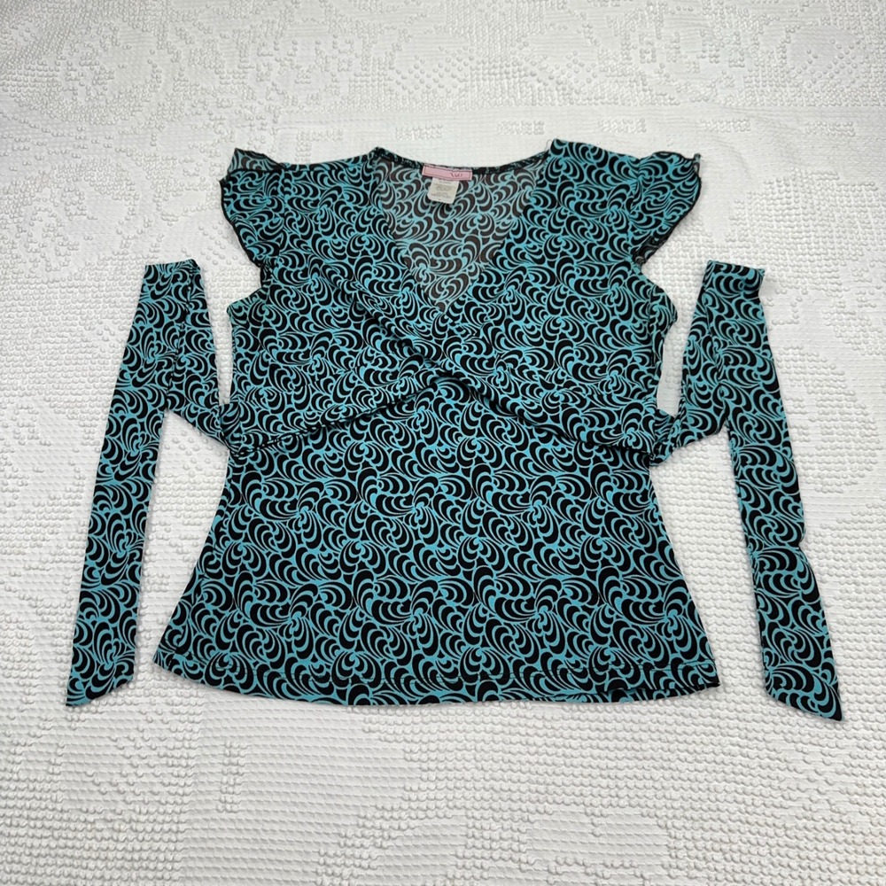 Vol 1 Womens Teal Black Swirl Scroll Print Cap Sleeve Tie Waist Wrap Top Small